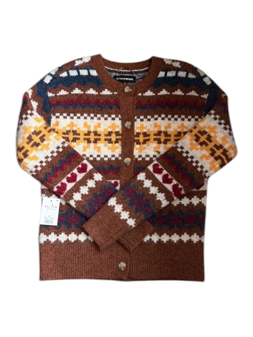 Lucky Brand Brown Fair Isle Button-Front Cardigan with Multicolor Accents